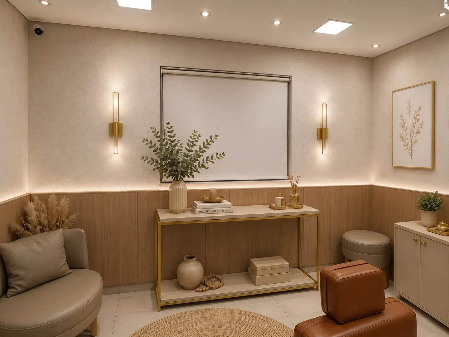 Sala com aparador dourado, plantas, poltrona e iluminação indireta nas paredes.