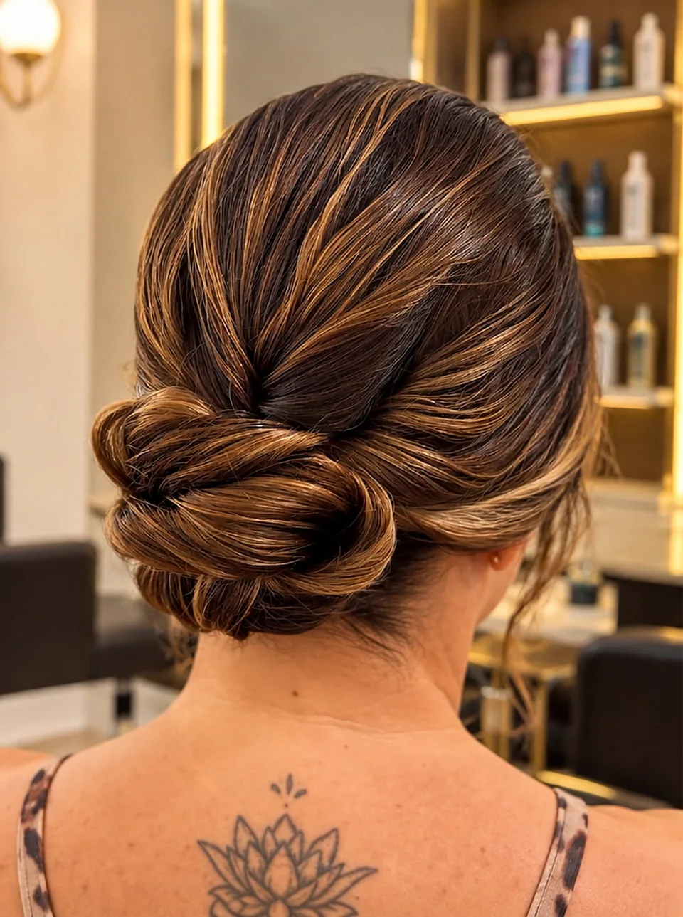 Coque baixo visto de trás, com mechas entrelaçadas.